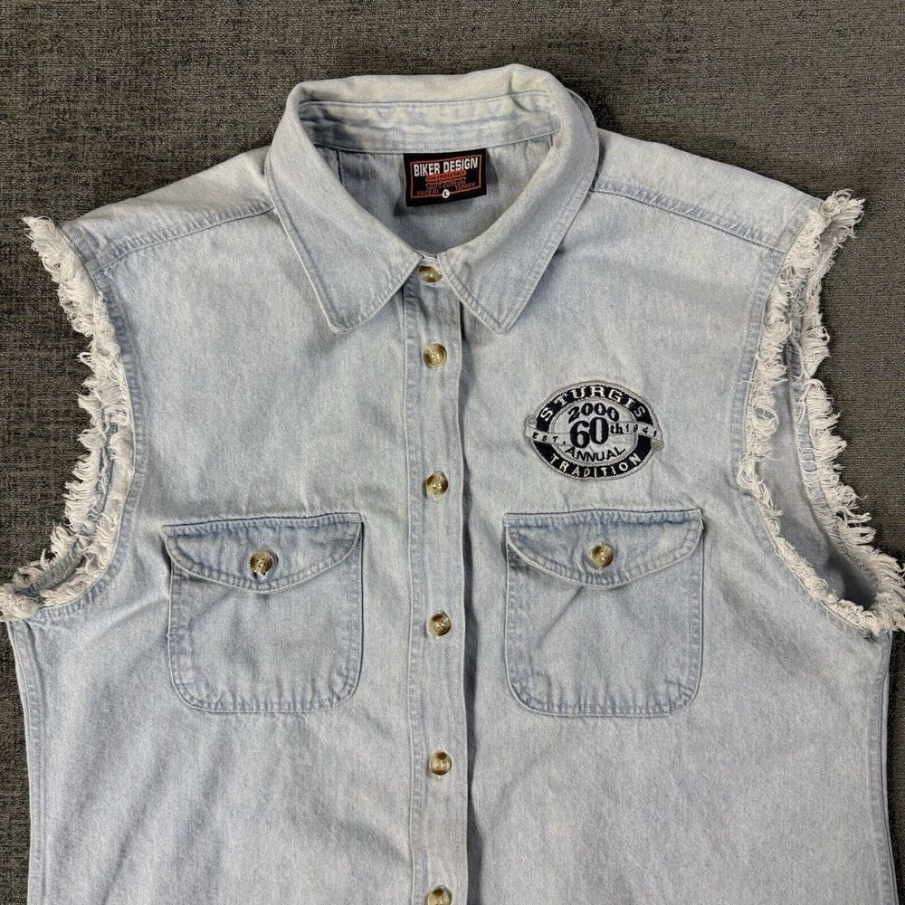 Sturgis 60th Annual Bike Rally Sleeveless Fringe Blue Denim‎ Shirt Women's L